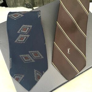 YSL YVES St LAURENT Paris Tie (s) Neckware (2) men’s Navy & Brown